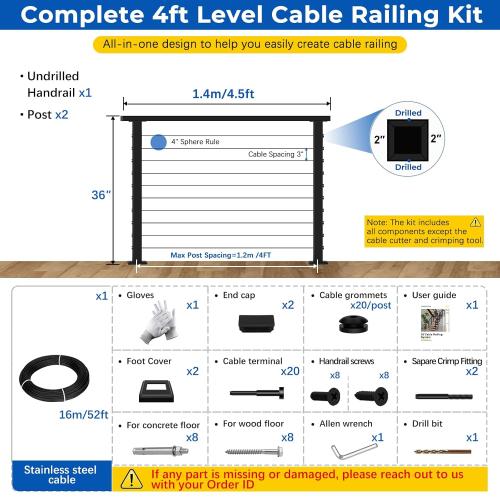 2ft-4ft Complete Set Cable Railing System 36, Black T304 Stainless Steel Cable Railing Posts Kit with Adjustable Handrail Cable Rail, One-Stop Easier for DIY Indoor Outdoor Level Decks