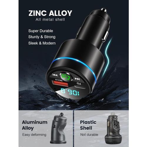 FM Transmitter for Car Bluetooth 5.3, [All-Metal] PD 30W & QC3.0 18W Fast Car Charger, Wireless FM Radio Car Kit Bluetooth Car Adapter, Noise Cancelling Hands-Free Call, Blue Light - Black