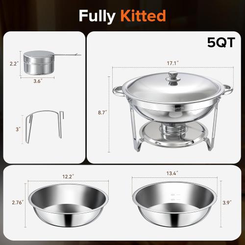 Chafing Dishes for Buffet, 4 Pack 5QT Round Stainless Steel Chafing Dish Set with Lid Holder for Home Parties, Christmas Gatherings, Catering Events, Complete Buffet Warmer Set - Silver
