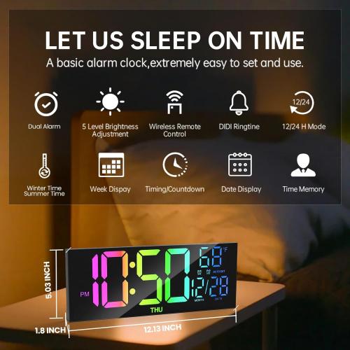 Digital Wall Clock Large Display, 13 Large Digital Wall Clock with RGB Color Remote Control, Automatic Brightness Dimmer Big Clock with Night Lights, Auto DST, Date Week,Perfect for Gift