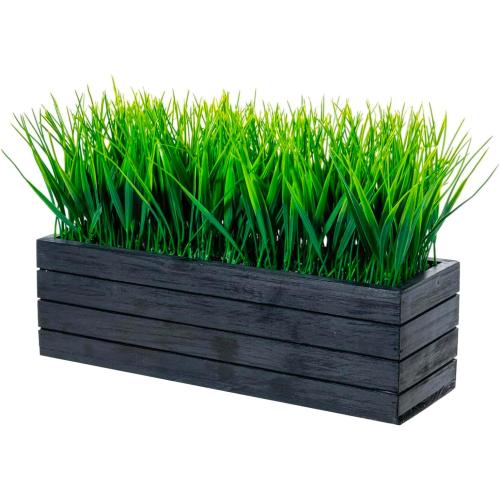 MyGift 14 Inch Artificial Green Grass Plant in Vintage Black Wood Planter