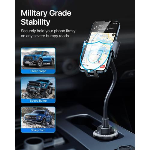andobil Military-Grade Cup Phone Holder for Car/Truck, [2026 Enhanced] 13 360° Adjustable Gooseneck w/Anti-Shake Car Mount, Universal Car Phone Holder for iPhone/Samsung/Pixel All 4.0-7.0 Devices