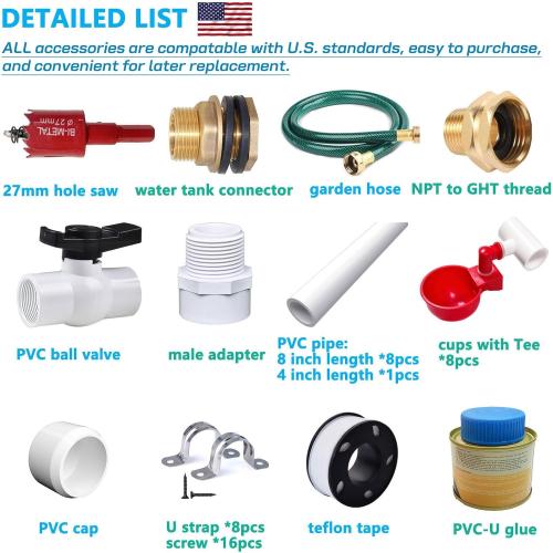 Automatic Chicken Watering System with PVC Pipe (Real Complete Set Pipeline) - 1/2 PVC Tee Fittings & Pipe & Garden Hose Connect to Water Tank, Automatic Poultry Waterer Feeder Kit