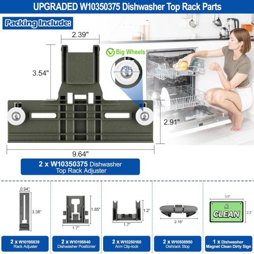 Upgraded W10350375 Dishwasher Top Rack Adjuster parts For Whirlpool WDT730PAHZ0 WDT750SAHZ0 Upper Rack Parts,WDTA50SAHZ0 WDT970SAHZ0 Dishwasher Top Rack Parts W10712395,For Kenmore Dishwasher Parts