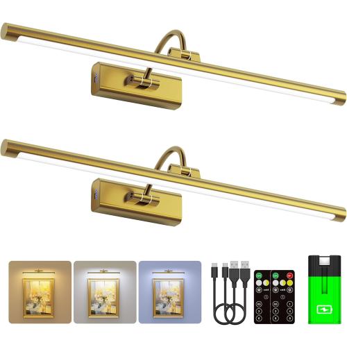 24 Brass Picture Art Light with 1pcs Extra 8000mAh Battery - 2 Pack Wireless Dimmable Wall Mount for Oversized Paintings, Posters & Mirror