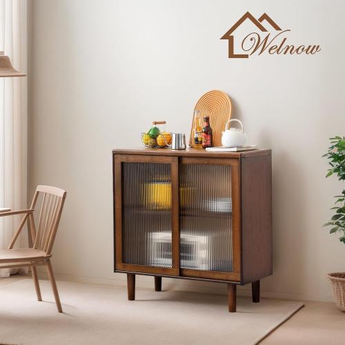 Welnow Buffet Cabinet, Bamboo Sideboard with Storage Kitchen Display Cabinet with 2-Tier Shelves Boho Coffee Bar Tables for Kitchen, Living Room, Entryway, Office, Walnut | 32.7H, 2-Tier Storage,Coffee Bar Cabinet with Fluted Glass Doors, Sideboard Cabinet for Kitchen, Living Room, Entryway