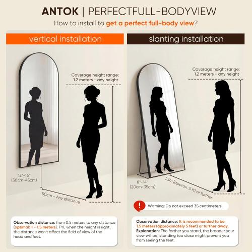 Antok 56 x14” Arched Full Length Floor Mirror, Black Aluminum Frame, Free Standing/Wall Mount/Leaning for Bedroom, Living Room, Dressing Room