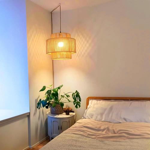 QIYIZM Plug in Pendant Light Hanging Lights with Plug in Cord Hanging Lamp Boho Rattan Dimmable Wicker Bamboo Woven Shade Hemp Rope Ceiling Light Fixture for Living Room Bedroom Kitchen