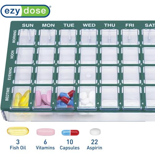Pill Organizer Weekly (7-Day), Medicine Planner, Vitamin Case/Box, Medium Compartments with Easy Fill Tray, 4 Times a Day, Easy to Use Containers, Clear Lids, Green, BPA Free