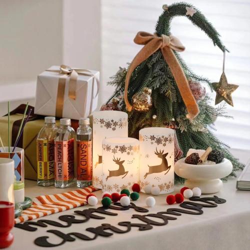 Golden Reindeer Christmas Candles with 6H Timer, Real Wax LED Candles Flameless Flickering, Battery Operated Candle Pillar for Home Décor Christmas Decorations Gifts, 3x4/5/6 inches