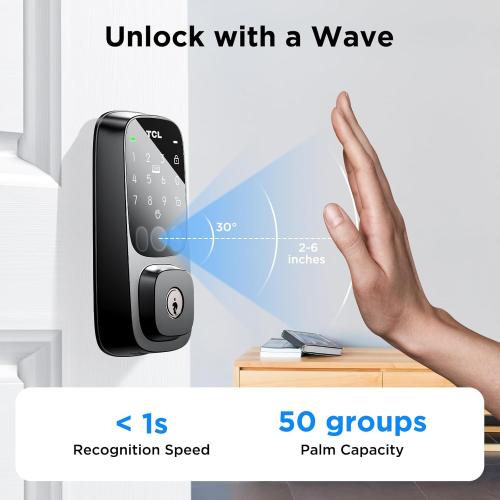 TCL D1 Pro Palm Vein Smart Lock, Keyless Entry Door Lock, Upgraded Rechargeable Battery, Front Door Smart deadboalt, App Remote Control, Auto-Lock, Waterproof, Works with Alexa (no test)