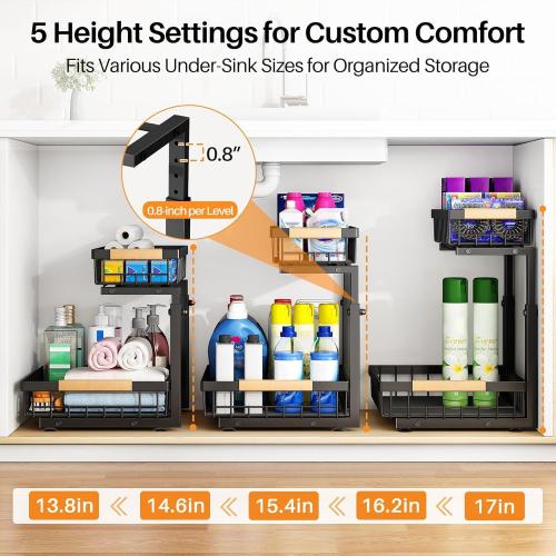 PXRACK Under Sink Organizer, Adjustable Height, 2 Tier Pull Out Under Cabinet Organizer, Slide Out Thickened Metal Under Sink Storage for Kitchen Bathroom Laundry Pantry Cabinet, Black, Large-2-Pack