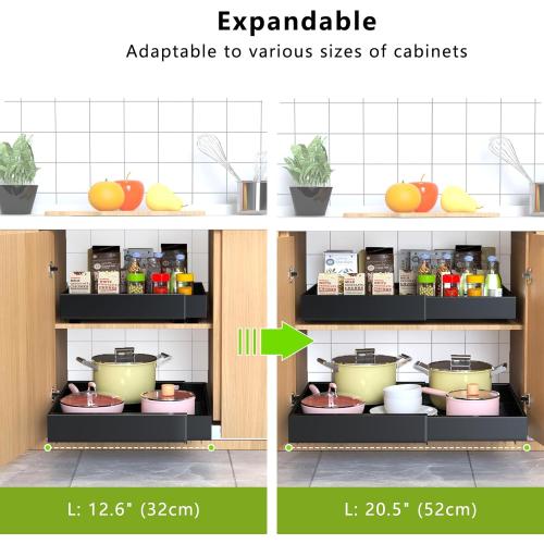 2 Pack Pull Out Cabinet Organizer,21 Deep Slide Out Drawer Organizers,No Drill Pull Out Drawers Adhesive with Nano Compatible Framed Cabinets Shelves for Kitchen Pantry Adjustable Width