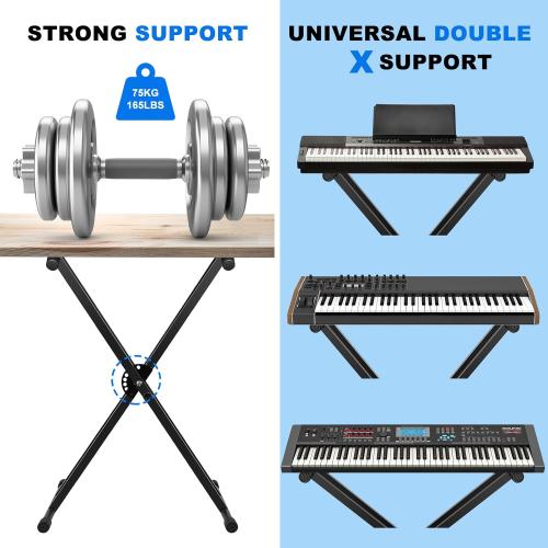 Black Keyboard Stand, Height Adjustable Keyboard Stand, Keyboard Stand with Quick Release Mechanism, Double X Foldable Heavy Duty Instrument Stand with Locking Straps for 54-61-88 Key Electronic Pianos