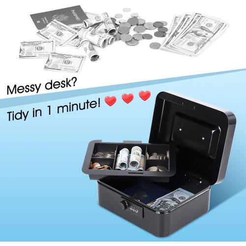 KYODOLED Cash Box with Combination Lock Safe Metal Money Box with Money Tray for Security Lock Box 7.87x 6.30x 3.35 Black