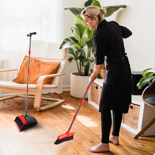 Broom with Dustpan Combo Set 54 Long Handle Adjustable Length Stainless Steel Broomstick Standing Dust Pan and Broom Set for Office Home Kitchen Lobby Floor Cleaning (Red and Black)