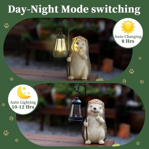 Garden Hedgehog Gnome Statue Decorations - Solar Resin Hedgehog with Solar Garden Lights Outdoor Decorations for Patio,Yard,Lawn,