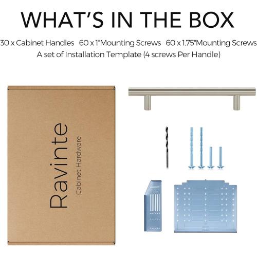 30 Pack | Cabinet Pulls Brushed Nickel Stainless Steel Kitchen Drawer Pulls Cabinet Handles Hole Center with Mounting Template