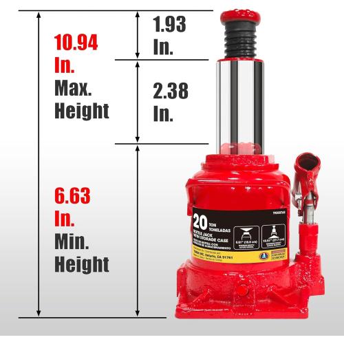 Big Red 20 Ton (40,000 lb) Low Profile Hydraulic Bottle Jack with Carrying Case，Red