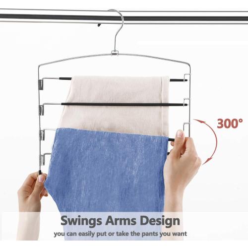 FeeraHozer Pants Hangers Non Slip 3 Pack Space Saving Hangers Multi-Layer Swing Arm Pants Hanger Stainless Steel Space Saver Hanger Closet Storage Organizer for Jeans Trouser Slacks Clothes (Black)