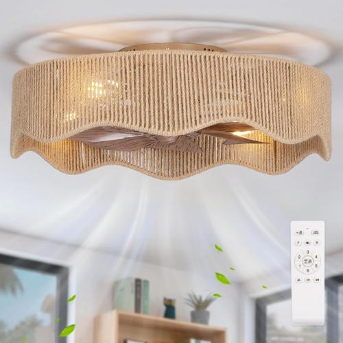 SHLUCE 22 Boho Flush Mount Caged Ceiling Fans with Lights, Rustic Rattan Low Profile Ceiling Fans with Lights and Remote, Bladeless Fandelier Ceiling Fan with Light for Kitchen, Bedroom - ETL