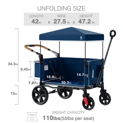 Side-Unzip Wagon Stroller for 2 Kids, Push Pull Stroller with Adjustable Handle, Easy Access Zipper Door, 5-Point Harness Removable UV-Protection Canopy Shock-Absorbing Wheels, Blue