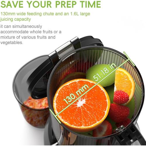 Masticating Juicer-Large Feed Chute 13cm, 250w Self Feeding Cold Press Juicer-1.6l Capacity,Slow Juicer Machines,Juice Extractor for Whole Fruits & Vegetables, Heavy Duty, Easy(