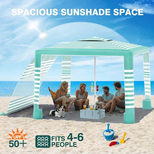 Rhino Valley Beach Cabana, 8 * 8FT Beach Tent UPF50  Protection, Easy Setup Beach Canopy Wind Resistant with Cup Holder, Compact Beach Shade Foldable Beach Tent Sun Shelter, Green White