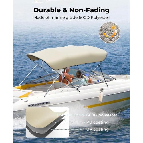 KEMIMOTO Bimini Top for Boat, Bimini Tops Cover 600D Marine Grade Canvas Boat Canopy with 6ft Length 54 in - 96 in Width 46 in Height, Includes Mounting Hardware, Straps Rear Support Poles