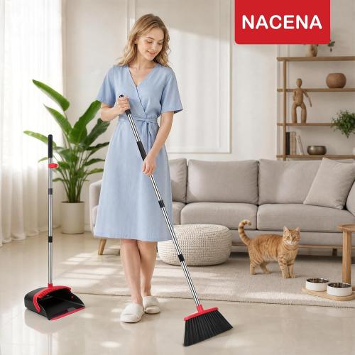 NACENA Broom and Dustpan Set, 52-in Long Adjustable Handle Broom Dustpan Combo with Dustpan Teeth to Automatically Clean Hair Suitable for Home Kitchen Office Hall Floor（Black&Red）