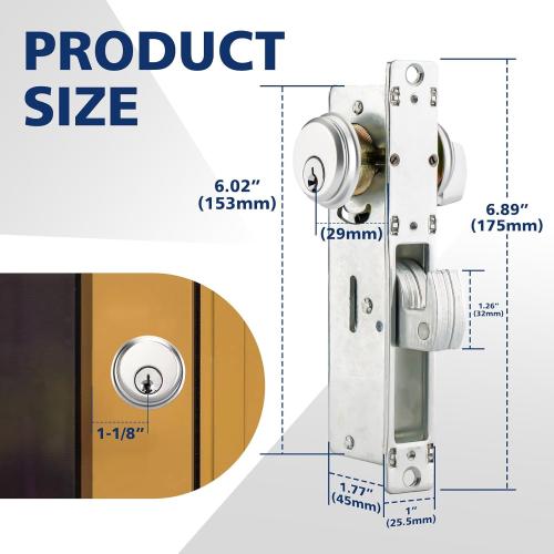 Storefront Mortice Hook Door Lock, Commercial Door Locks Mortise Cylinder, Storefront Door Mortise Lock Hook Deadbolt(1-1/8 Backset)
