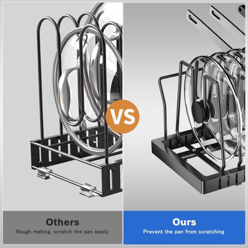 2 Pack Pots and Pans Organizer Under Cabinet, 21.6 Deep Pull Out Pot Lid Organizer Holder with Guardrail Adhesive Pot and Pan Holder Rack with 10 Adjustable Dividers(Black)