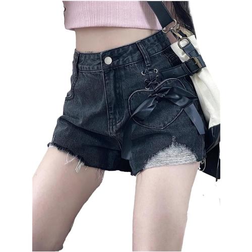 Vintage Denim Shorts Women Large Korean Sweet Hearts Bow Bandage Hole Short