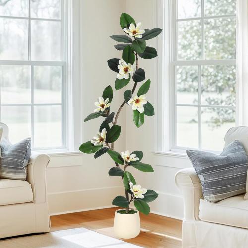Size 5ft Rubber Tree 5FT Artificial Tree in White Planter Pot,Faux Plants Indoor Faux Floor Plant Artificial Plants with 7 Pcs Magnolia Flowers for Home Decor, Artificial Fiddle Leaf Fig Tree for Office
