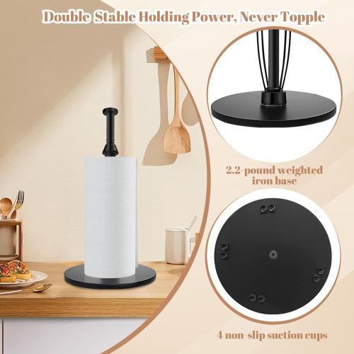 Paper Towel Holder Countertop, Stainless Steel Black Standing Weighted Paper Towel Holder with Non-Slip Suction Cup Base, One-Handed Tear Paper Roll Holder for Kitchen Bathroom