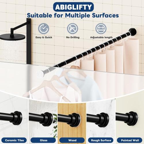 Abiglifty Black Shower Curtain Rod 30~85 Inches Adjustable Stainless Steel Shower Curtain Rods Spring Tension,Tension Curtain Rod,Non Slip,No Drilling, Sturdy and Durable.