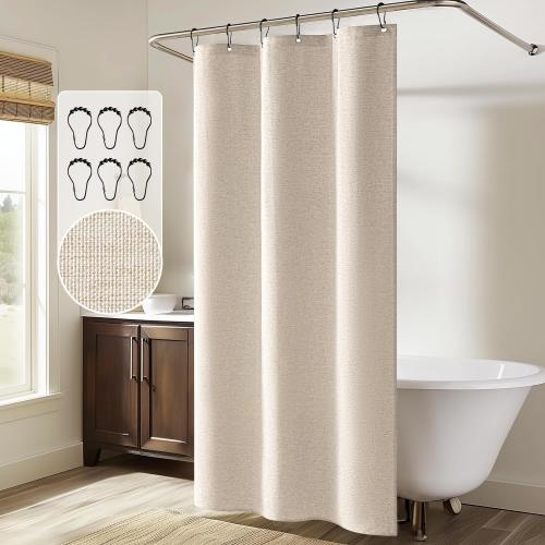 MIULEE Stall Linen Shower Curtain with 6 Metal Hooks Small Heavy Duty Washable Beige Fabric Shower Curtain Set Waterproof Narrow Neutral Thick Cloth Shower Curtains for Bathroom Hotel, W36*L72, Cream
