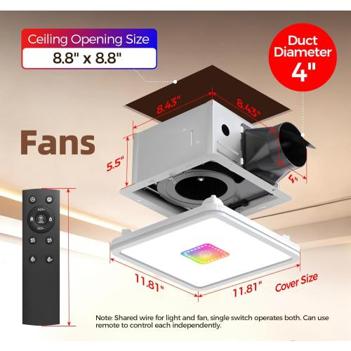 Exhaust Fan with Light & Remote, AC Moter Fans Air Quality Booster,7 RGB Light & Nightlight 3000LM 5 CCT 2700K-6500K Dimmable LED 130 CFM 1 Sone,Memory Function,Bathroom Fans for Ceiling 126B