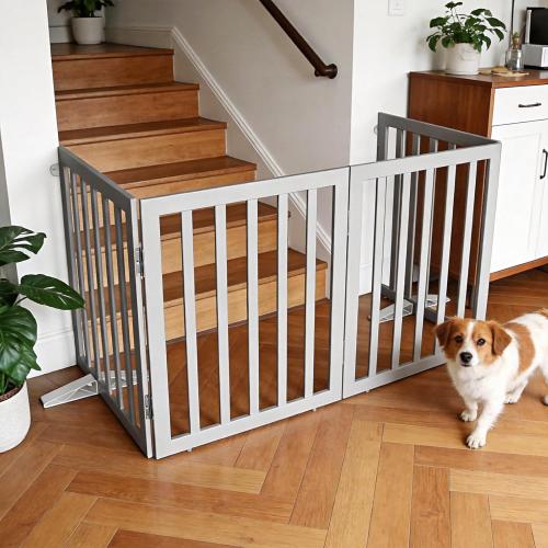 ZJSF Freestanding Indoor Dog Gate for House Foldable Wood Puppy Gate for Doorways Pet Gate for Stairs Extra Wide Pet Fence, Grey, 32 Height 6 Panels