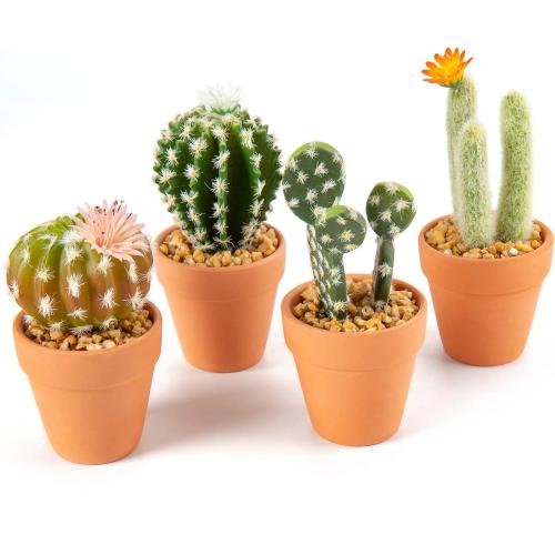 Set of 4 Mini Artificial Cactus Plants in Terracotta Pots 4 Pcs Potted Faux Succulents in Pots Fake Potted Plants Cactus Decor Small Artificial Plants for Home Decor Indoor Office Desk Tabletop Shelf