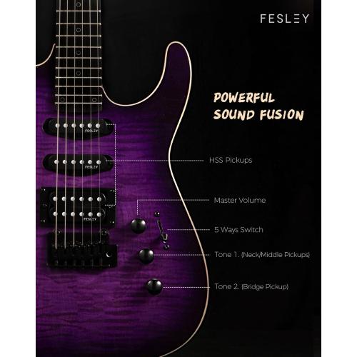 Fesley Electric Guitar, Full Size Solid Body Electric Guitar Beginner Kit, 6 String Guitar with HSS Pickups &24 Frets, Poplar Body Flame Maple Top Maple Neck With Gig Bag, Cable, Strap, FDK800, Purple