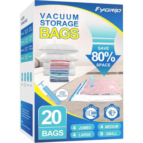 Fygrip 80% Space Saver Vacuum Storage Bags with Hand Pump, 20 Combo
