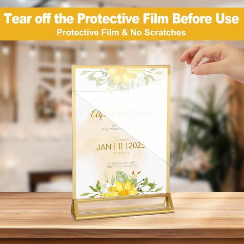 EHWINE 14 Pack 5×7 Clear Acrylic Sign Holder with Gold Borders and Vertical Stand, Double Sided Table Menu Holders Picture Frames for Wedding Table Numbers, Restaurant Signs, Photos and Art Display
