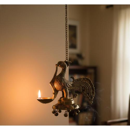 eSplanade Brass Diya Indian Pooja lamp| Hanging Brass Deepak Deepam Kuthu Vilakku| with Bells (Peacock).
