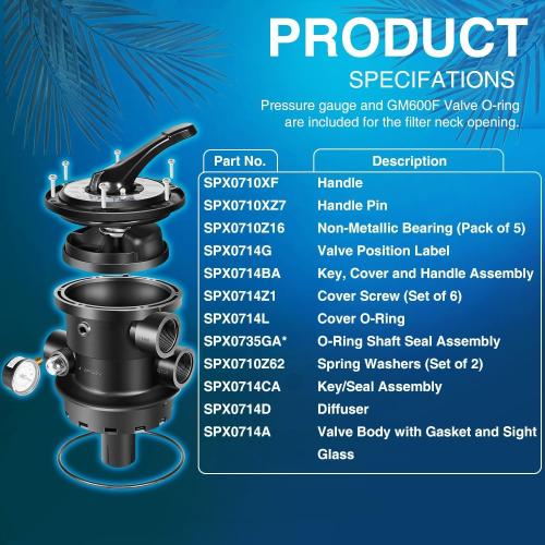 Replacement for Hayward SP0714T VariFlo XL Top Mount Multiport Valve Part for Above-Ground Pro- or VL Series Sand Filter, 1.5 Inch Plumbing, 7-Position Control Valve