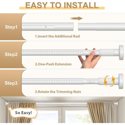 White Tension Curtain Rod 41-166In(4-14Ft), Extra Long Outdoor Curtain Rod No Drilling for Window or Bathroom Patio, Adjustable Heavy Duty Shower Rod,Rod Diameter 1.26In-One-bond stretching