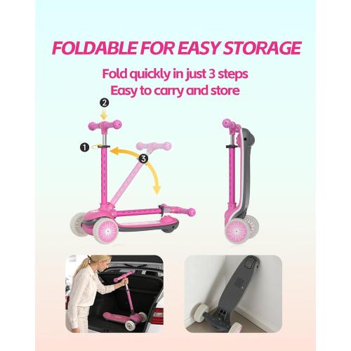 Kids Scooter for Toddlers Ages 2-5, 3 Wheel Scooter with Lean-to-Steer, Adjustable Handlebar, Anti-Slip Deck, Light-Up Wheels, Foldable First Scooter for Boys and Girls