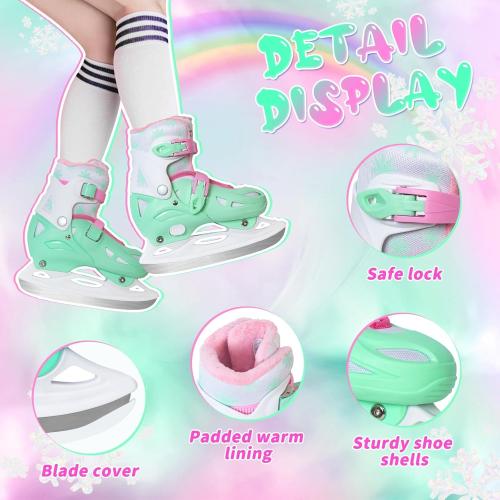 Nattork Ice Skates for Girls Kids Boys with Sturdy Plastic Shell, 4 Sizes Adjustable Skates, Outdoor Skating Essentials Perfect Choice Pink Blue Green