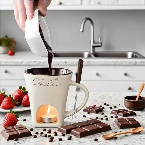 Chocolate Melting Cup,Chocolate Fondue Cup,Ceramic Sweet Fondue Mug With Fork For Cheese And Candy (White)
