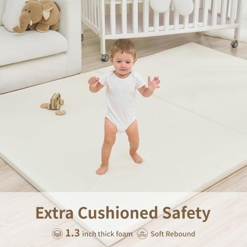 Large Vegan Leather Baby Play Mat for Floor,1.3Thick Foam 59x82 Foldable Waterproof Kids Play Mat,Stylish and Just Wipe-Clean Playmat for Baby Play on Floor (Beige)